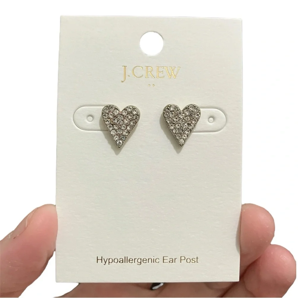 NWT J.Crew Pavé Crystal Heart Stud Earrings Valentine’s Day Pave J. Crew Factory